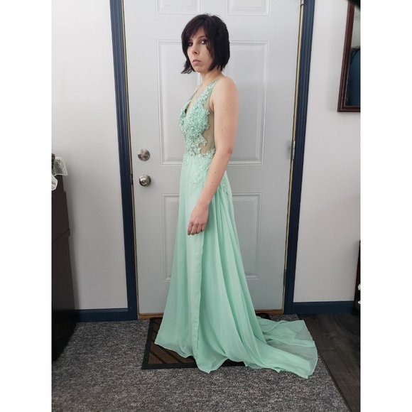 Green Prom Gown with Sheer Bodice - Picture 3 of 7